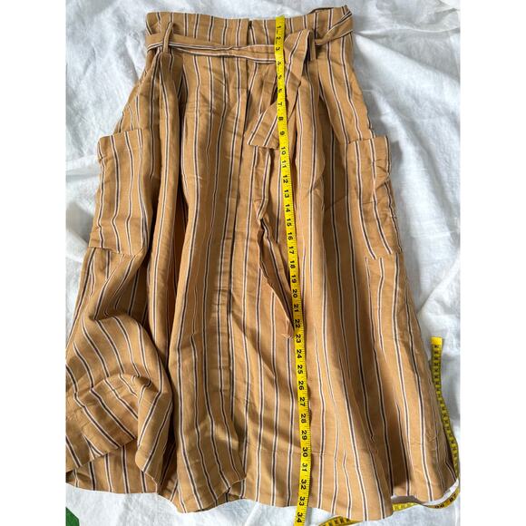 Zara Woman Mustard Brown Striped Midi Skirt Linen Blend Belted High Waist Size M - Picture 5 of 6